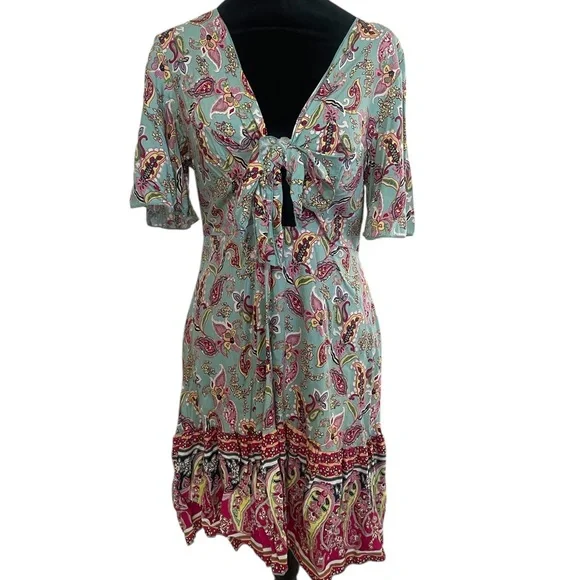 BohoTeal and Pink Paisley Tie-Front cut out Dress, Large, New - Picture 8 of 8